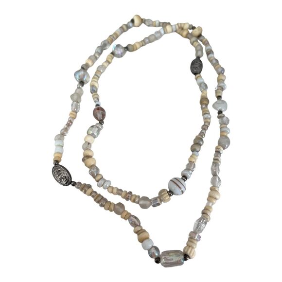 Vintage Beaded Necklace Aurora Borealis Finished Glass & Cream Color Beads  9K - Picture 2 of 12